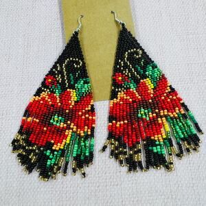 Woven Seed Bead Floral Earrings Dramatic Flamenco Inspired Romantic Goth Vibes